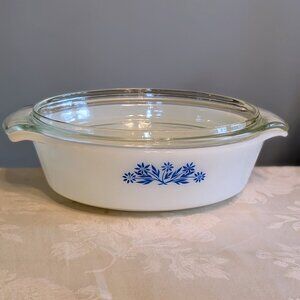 VTG Anchor Hocking Fire King Casserole Dish w/ Lid #433 Blue Flower